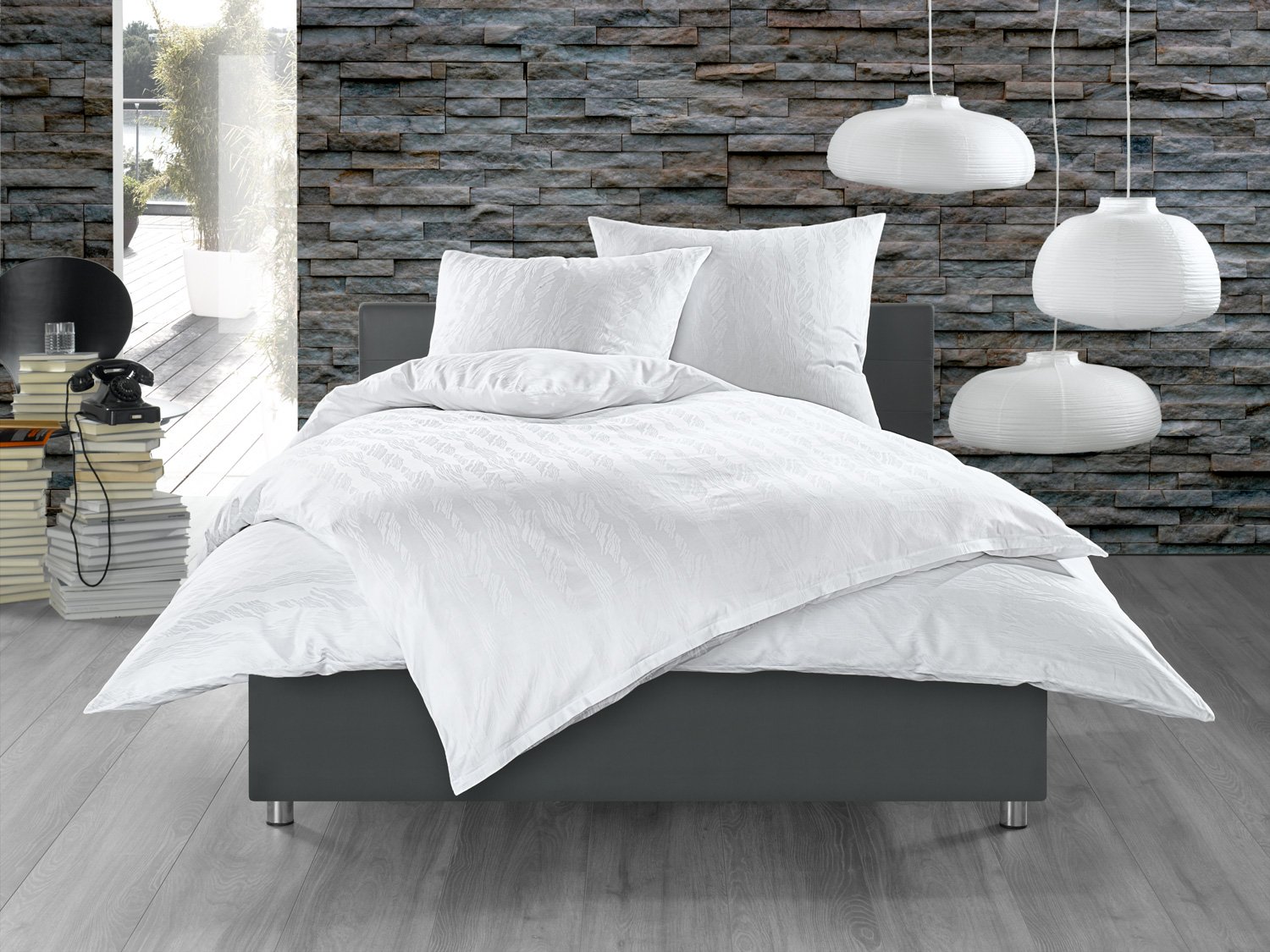 Bettwaesche-mit-Stil Mako Satin Damast Bettwäsche Garnitur Waves weiß (140x200 cm + 70x90 cm)
