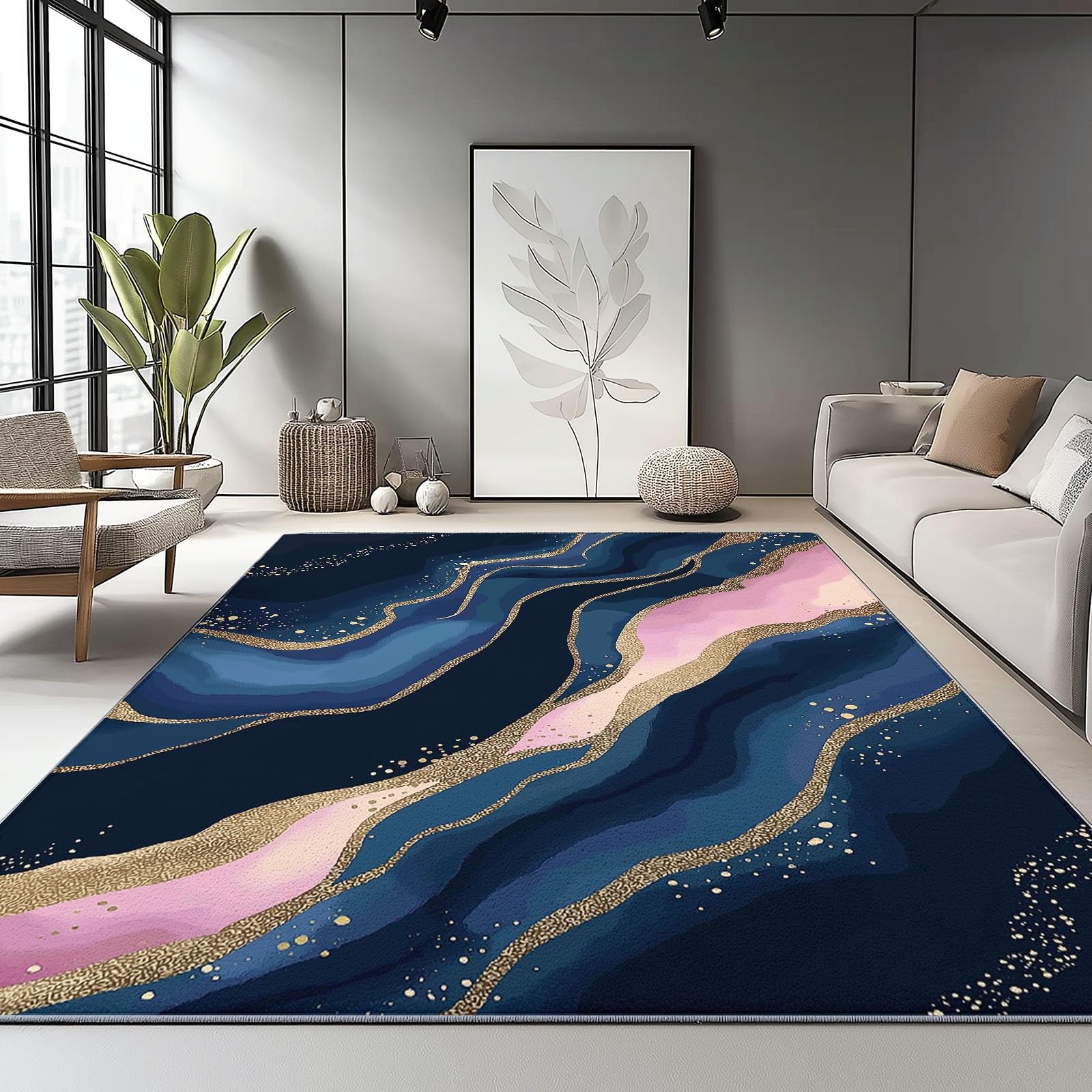 Tappeto 60 X 90 Cm Lusso Leggero Motivo Dorato Fluido, Tappeto In Flanella Pelo Corto Morbido – Lavabile In Lavatrice, Antiscivolo, Facile Da Pulire – Per Salotto, Camera Da Letto – Blu Rosa