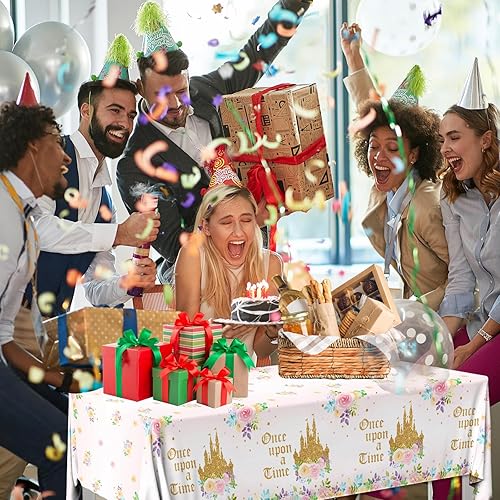 Miniatura 4 de Dydamud Manteles de fiesta de té de princesa, mantel de castillo de princesa, 3 piezas Upon a Time, mantel floral rosa para fiesta de cumpleaños de