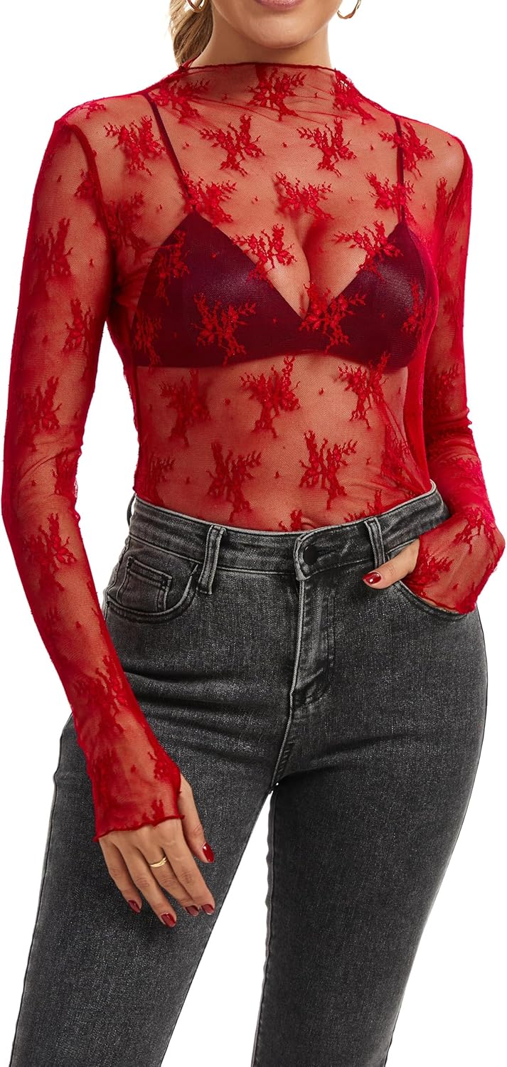 Women's Long Sleeve Lace Tops Mesh Tops Sheer Layering Top Sexy Mock Neck Floral See Through Shirt Blouse - Image 6