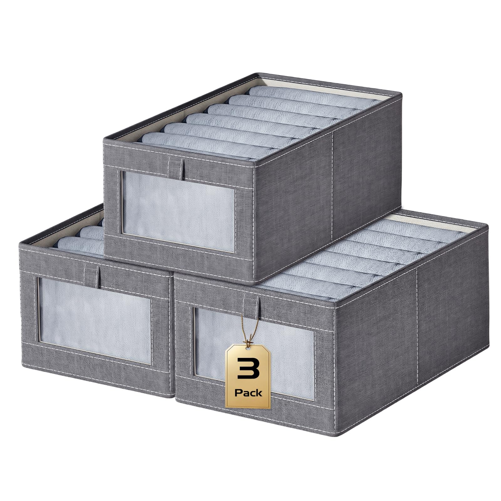 3 Faltbare Stoff-Aufbewahrungsboxen Mit Griff – Groß, Stapelbar & Mit Sichtfenster (Grau, 44x30x20 Cm)