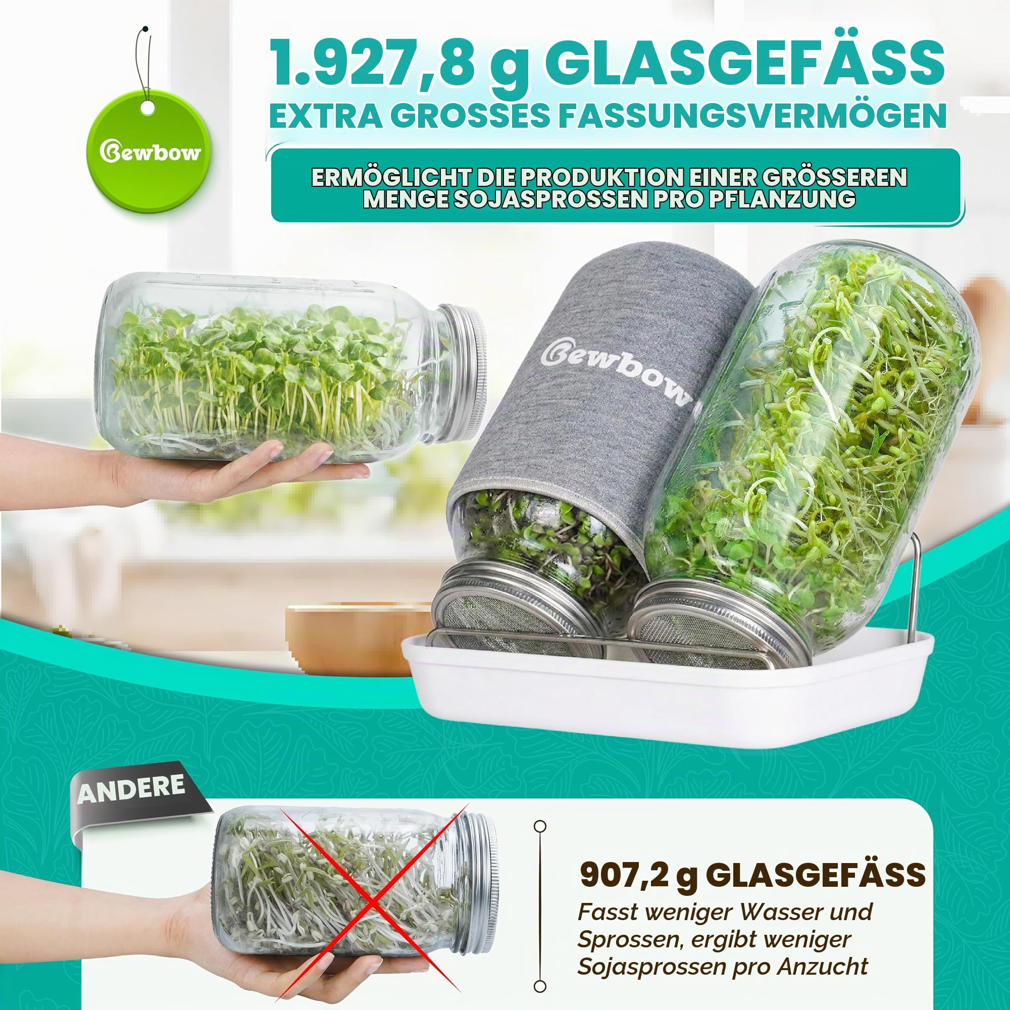 Große Größe: 2000 ml Saatgut-Keimglas-Set mit Ständer, Ablaufschale, Bildschirmdeckel, Verdunkelungshüllen, gute Belüftung und Drainagekapazität, Anbau von frischen Bio-Mungbohnen, Brokkoli und
