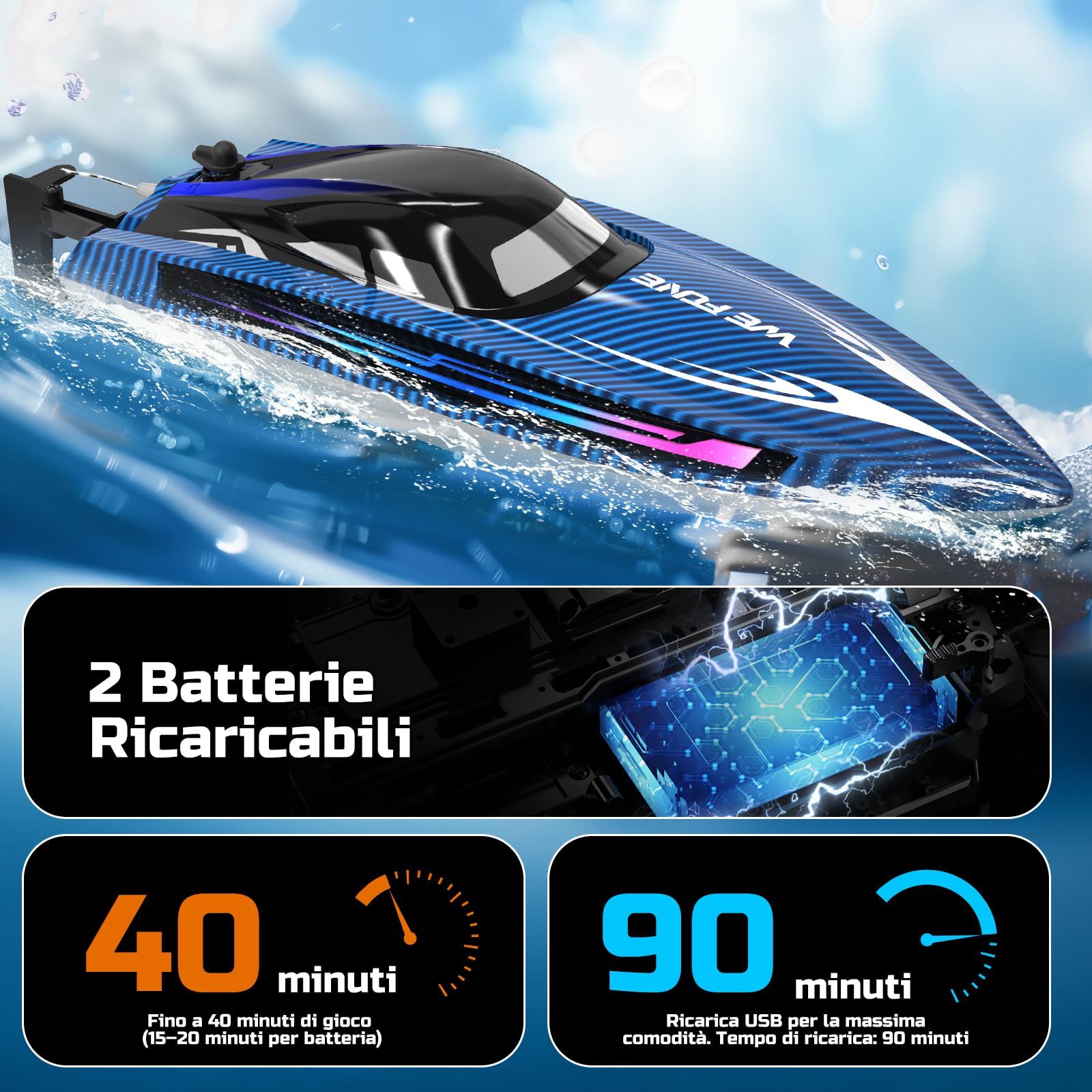 WeFone Barca telecomandata per adulti, 25+ KMH Fast RC Speed Boat con luce LED per bambini, Demo, WF17 Ideale per piscine e laghi giocattolo, 2 batterie ricaricabili per 30-40 minuti (blu)