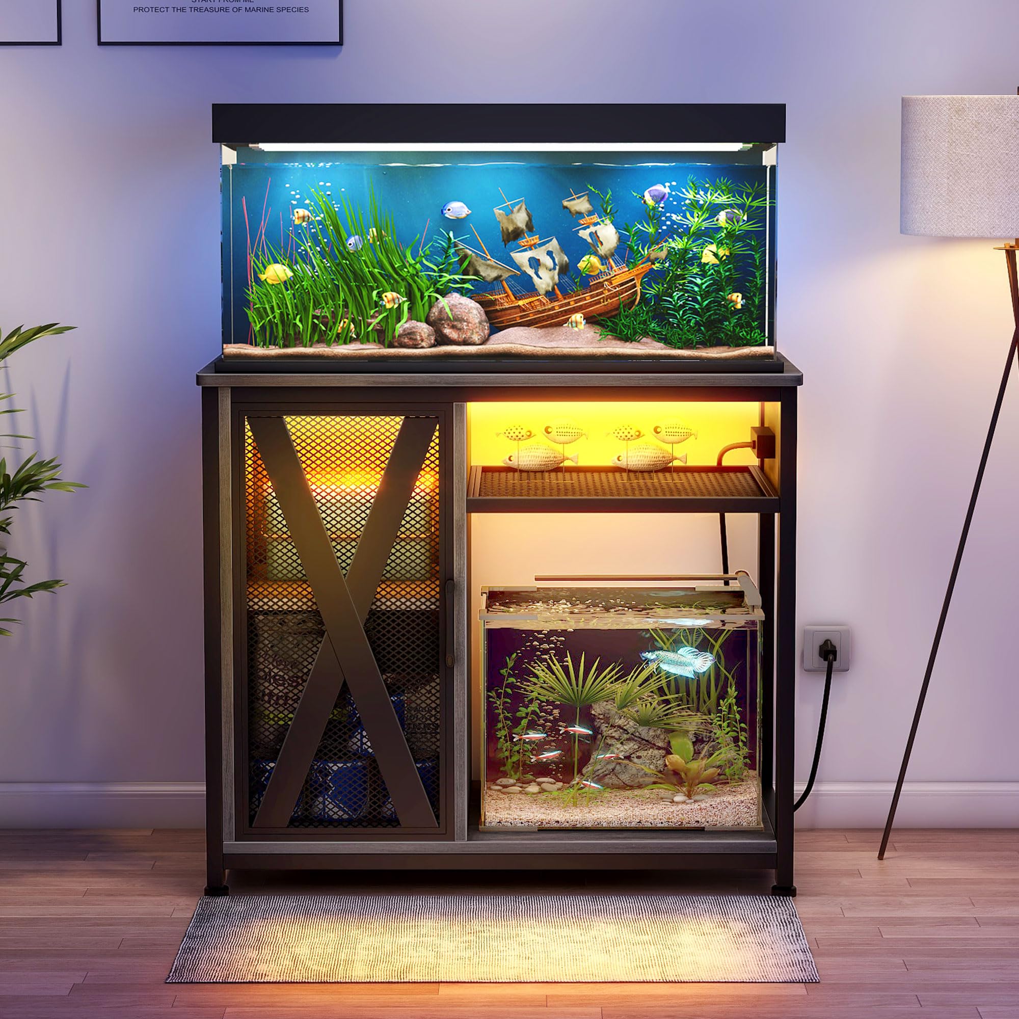 DWVO Support d'aquarium de 40 à 50 gallons avec prises de courant et lumière LED, armoire pour rangement d'accessoires d'aquarium – Support en métal adapté pour aquarium de tortues, terrarium de