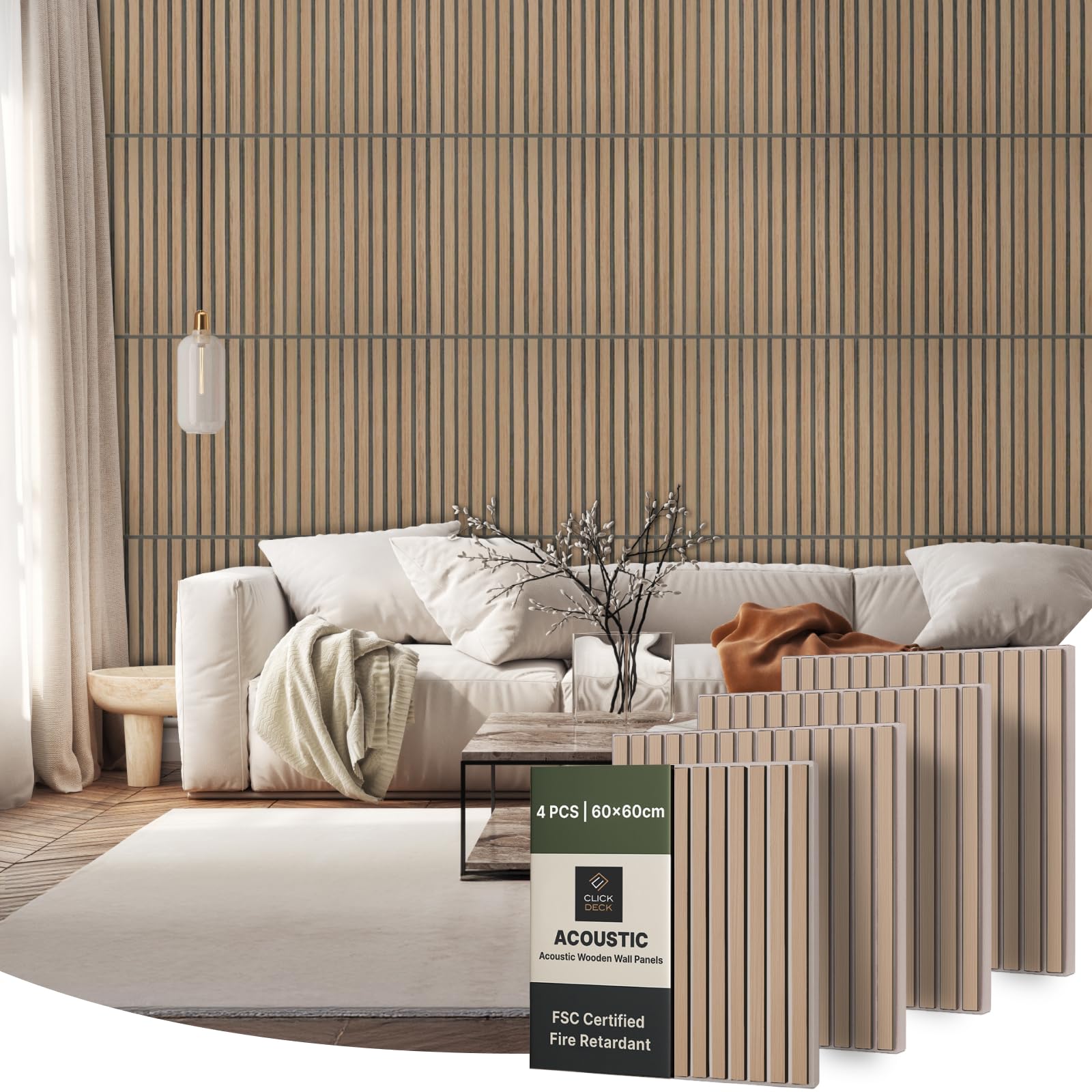 CLICK-DECK Wooden Wall Panels | Premium Acoustic Wall Panels | Slat Wall Panelling | Sound Absorbing | Fire Retardant & FSC Wood Panels for Walls | Pack of 4 Panels - 60x60cm (Natural Oak | Grey Felt)