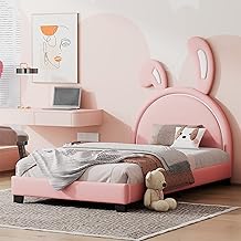 Upholstered Bed, 90 x 200 cm, Children's Bed with Slatted Frames and Backrest, Rabbit Ears Girl Bed with Raised Legs (Pink)
