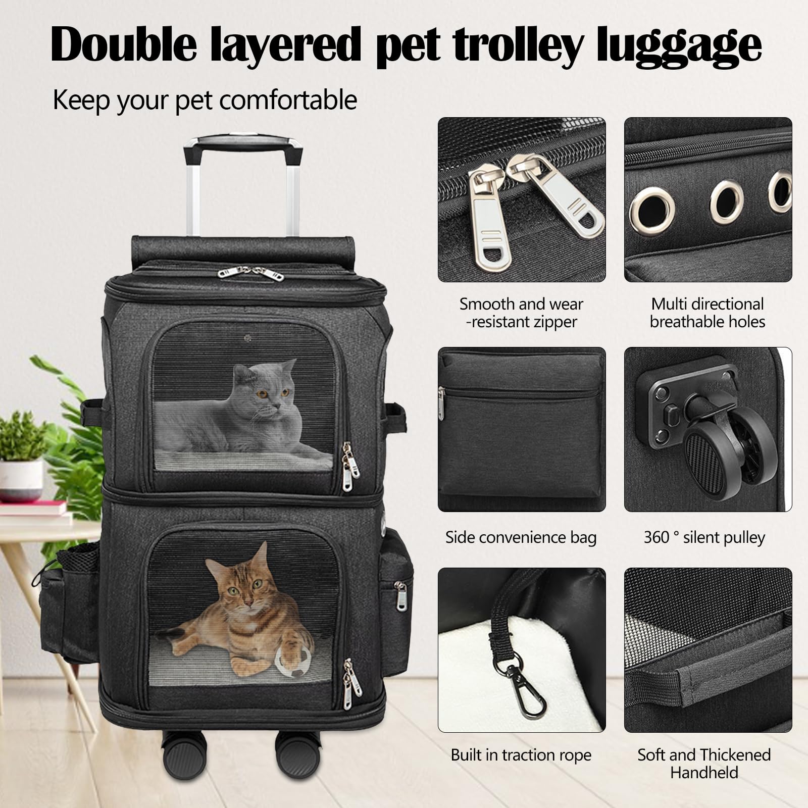 Sac à Dos Chat Chien, Sac à Dos de Transport à Double Compartiment avec Roues Amovibles Sacs Transport Chat Chien Respirant pour 2 Petits Chats et Chiens Chiot