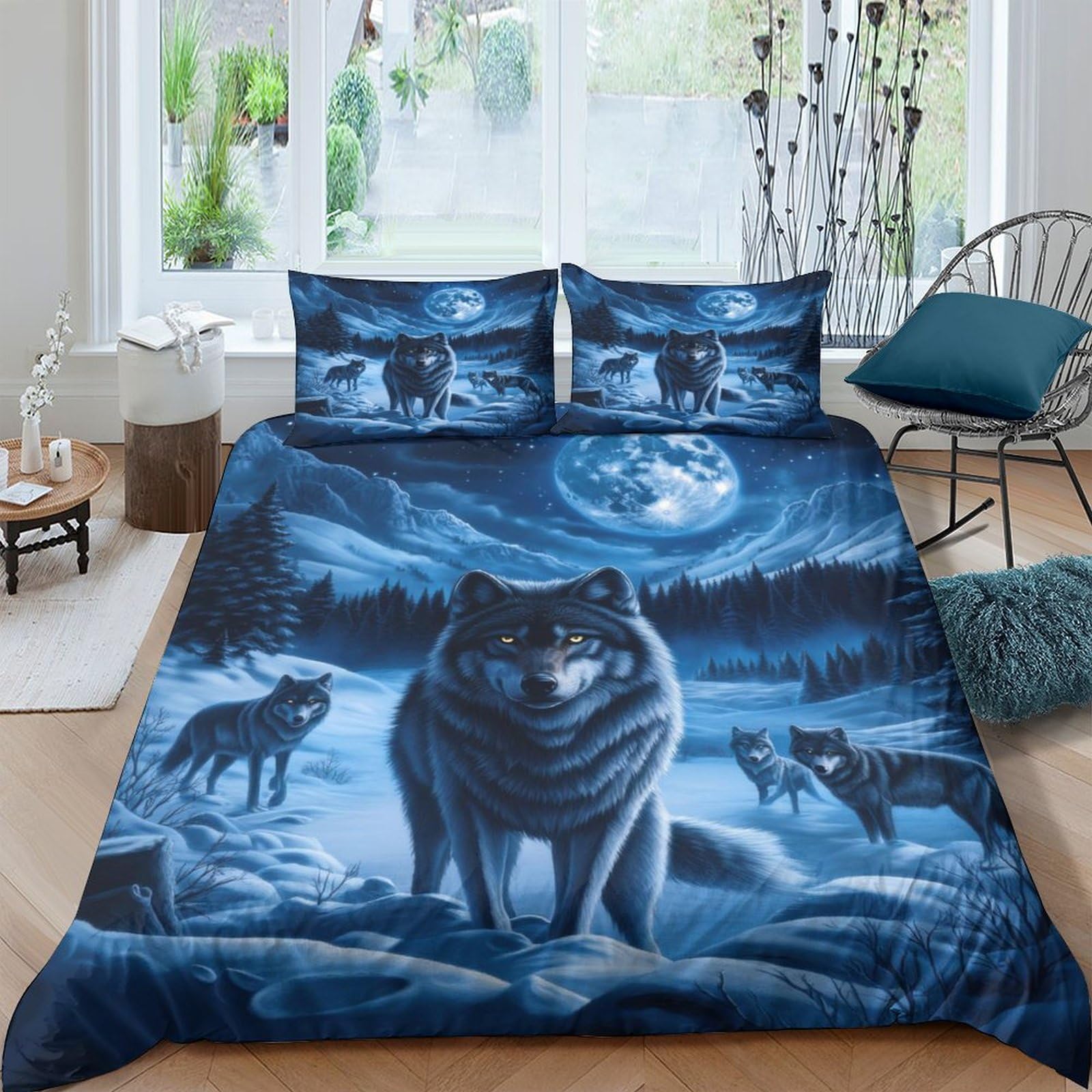 Ctjqhvkz Style-10 3D Printed Moonlit Wolf Fitted Sheet Microfiber Soft Breathable Night Forest Bed Cover For Bedroom Dorm Decor Single（135X200cm）