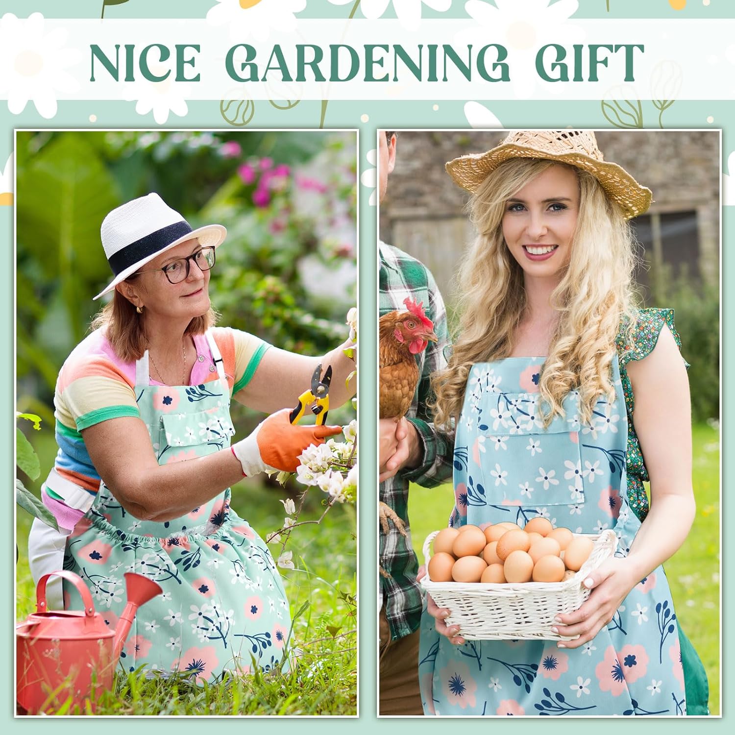 2 Pcs Gardening Apron with Release Pockets, Christmas Gifts for Women, Floral Apron for Harvesting Garden - Image 4