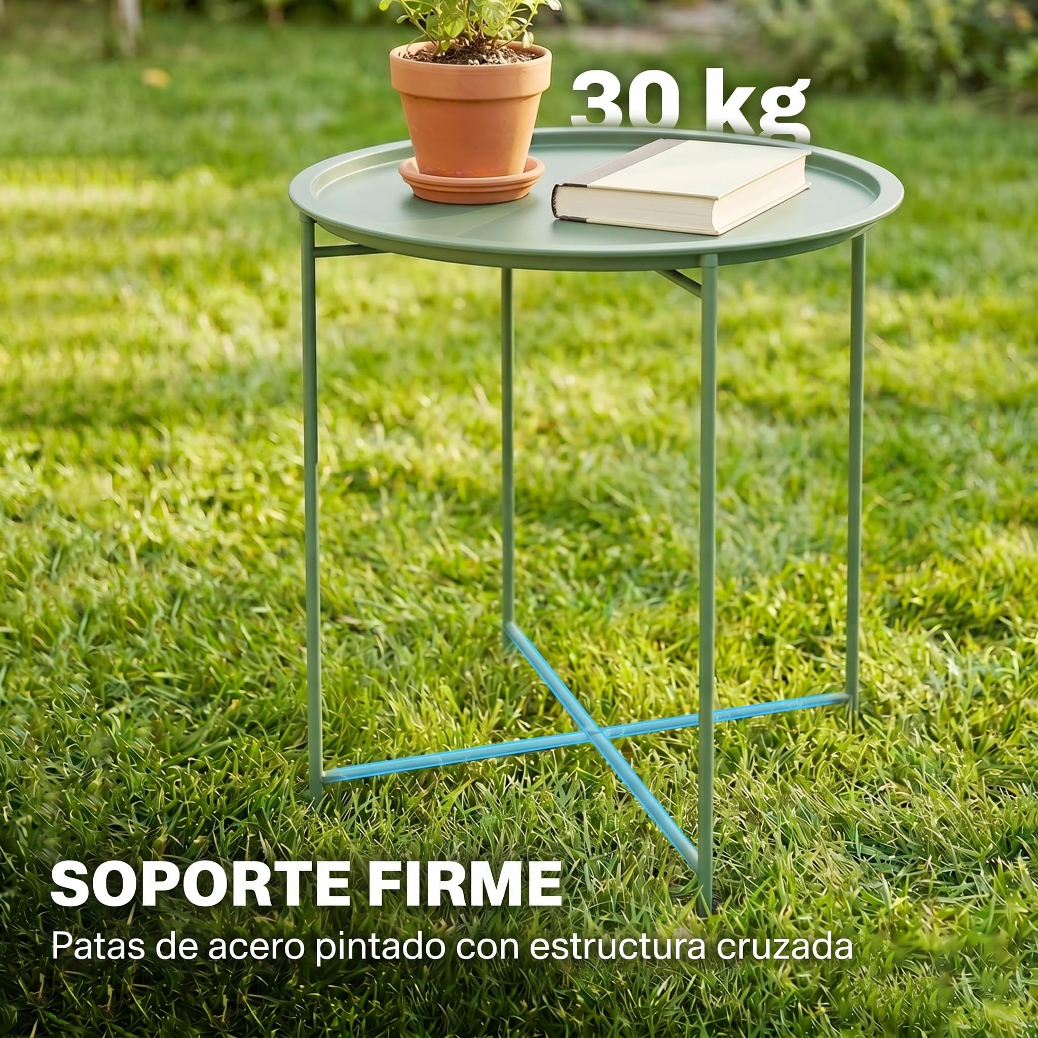 Outsunny Mesa Auxiliar Redonda Mesa de Jardín Exterior con Bandeja Extraíble Patas Plegables Mesa para Exterior Terraza Patio Ø46x53 cm Verde