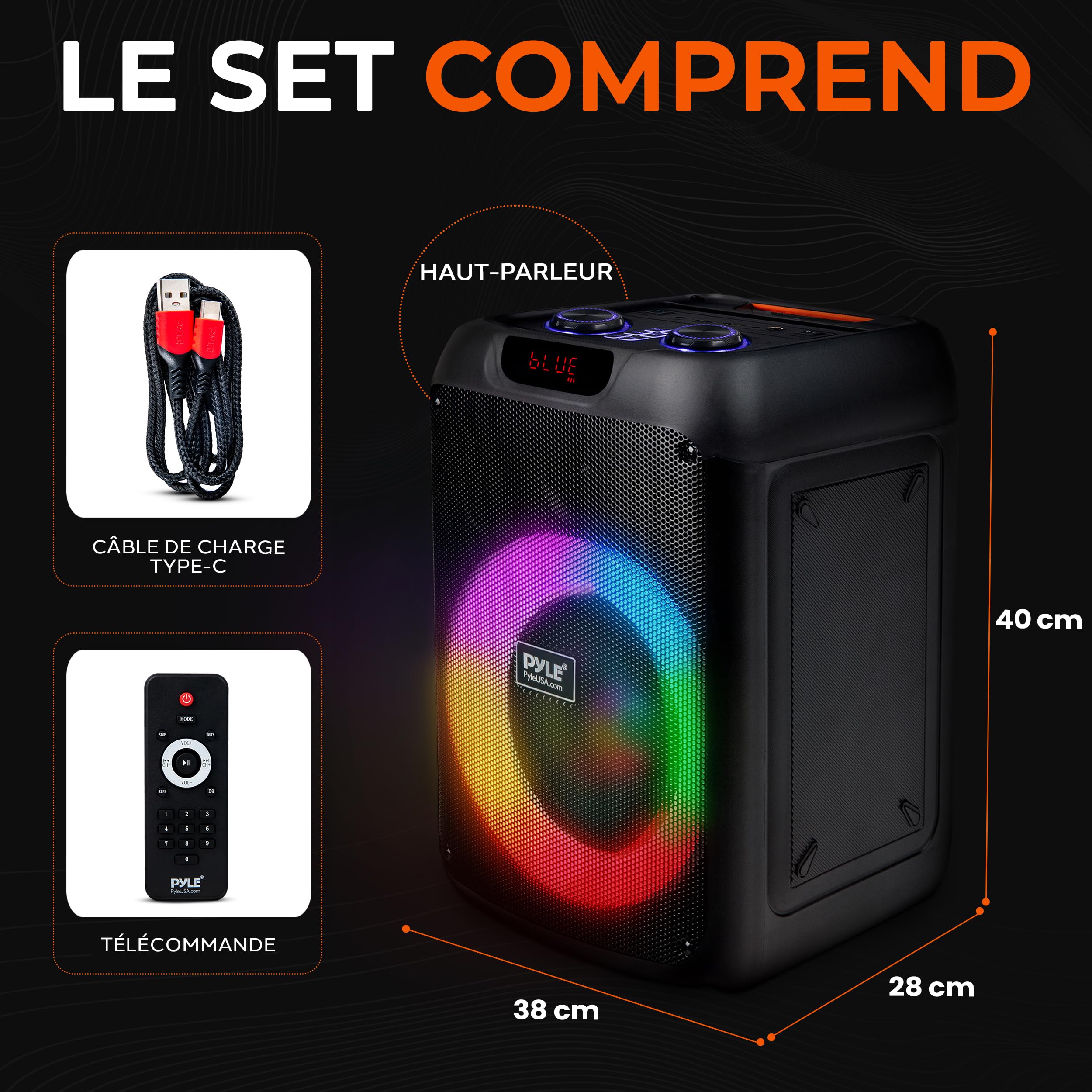 Pyle Enceinte Bluetooth Portable 40 cm – Haut-Parleur Puissant avec LED RGB Woofer Grand Format TWS Batterie Rechargeable Télécommande Câble Type-C Intérieur Extérieur