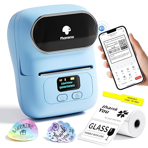 Phomemo Barcode Label Printer - M110 Label Maker Portable Bluetooth Label Maker Machine for Small Business, Barcode, Address, Logo, Clothing, Jerwery, Thermal Printer Compatible with Phones & PC, Blue
