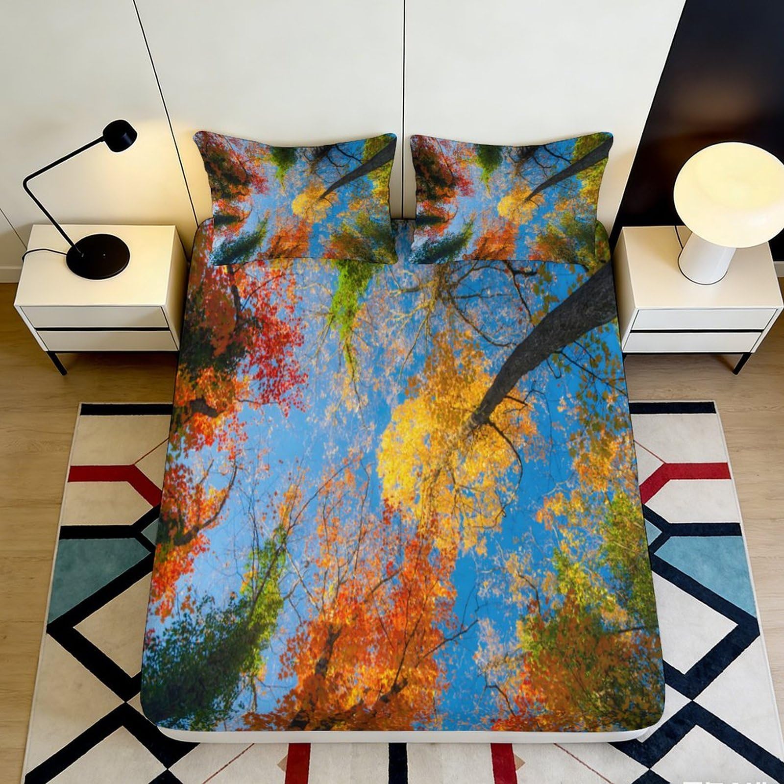Kzqnxhjprl Style-3 3D Printed Autumn Forest Fitted Sheet Microfiber Soft Colorful Leaves Bed Cover For Bedroom Dorm Decor Protection 90X200x25cm