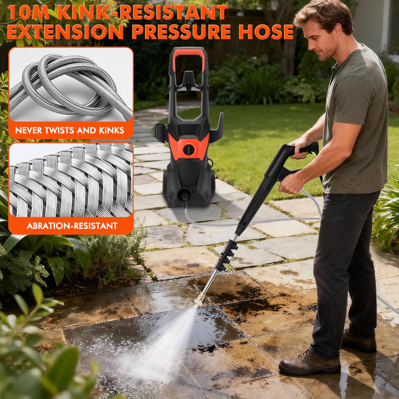 KAOLALI Hidrolimpiadora de Alta Presion, Caudal 336L/H | 3000W Presión de Trabajo, con Pistola Pulverizadora, Manguera De 10 m, 4 Boquilla, para Coches, Vallas, Patios