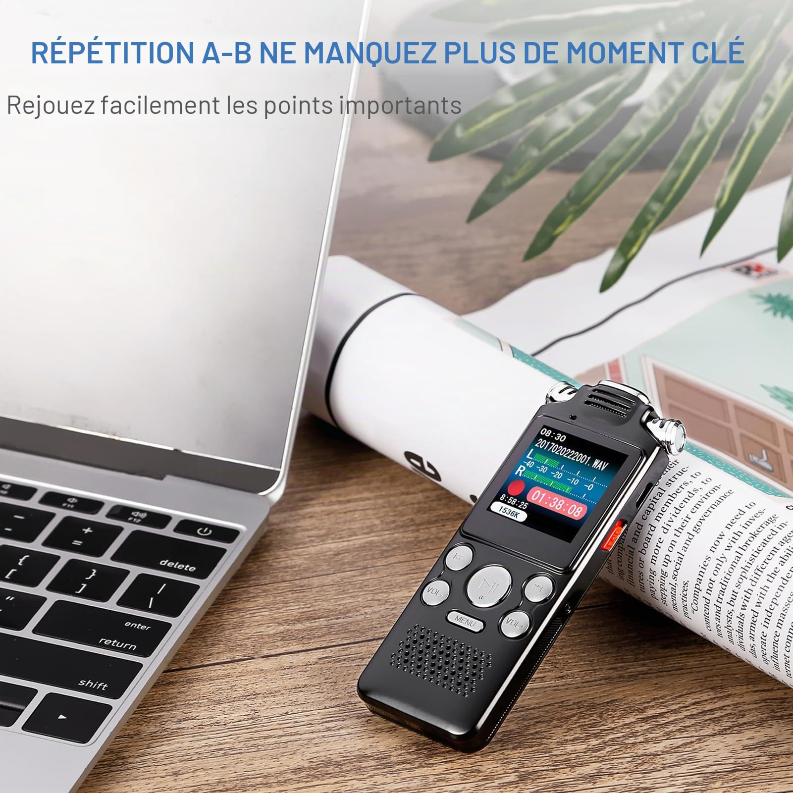 Docooler Enregistreur vocal de 8 Go, enregistreur audio avec annulation de bruit, double microphone pour enregistrement activé par la voix HD, boîtier en métal