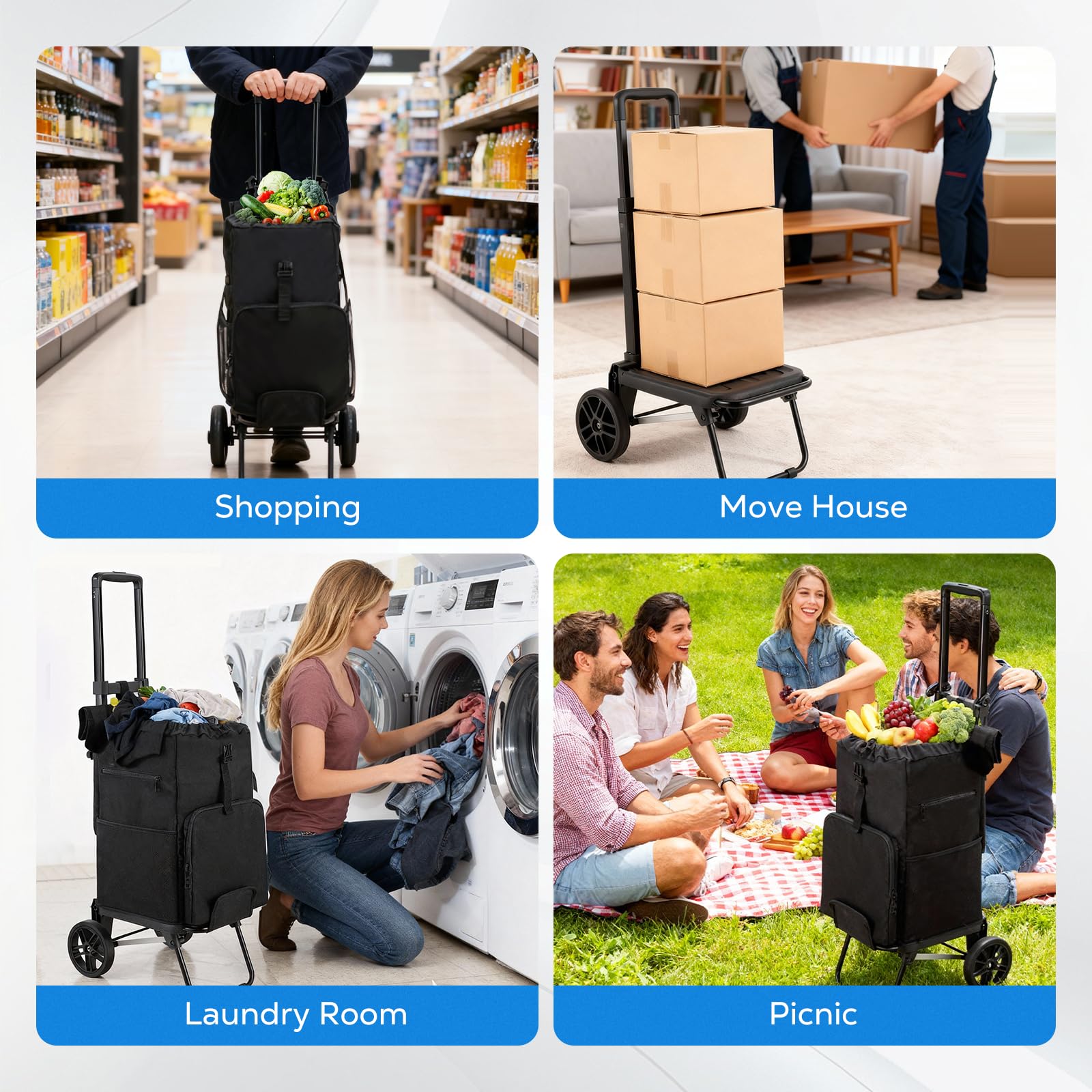 Housolution Einkaufstrolley Klappbar, 46L/136KG Kapazität Einkaufswagen Einkaufstasche mit Rollen, 2 in 1 Faltbarer Sackkarre Hackenporsche für Einkäufe und Reisen
