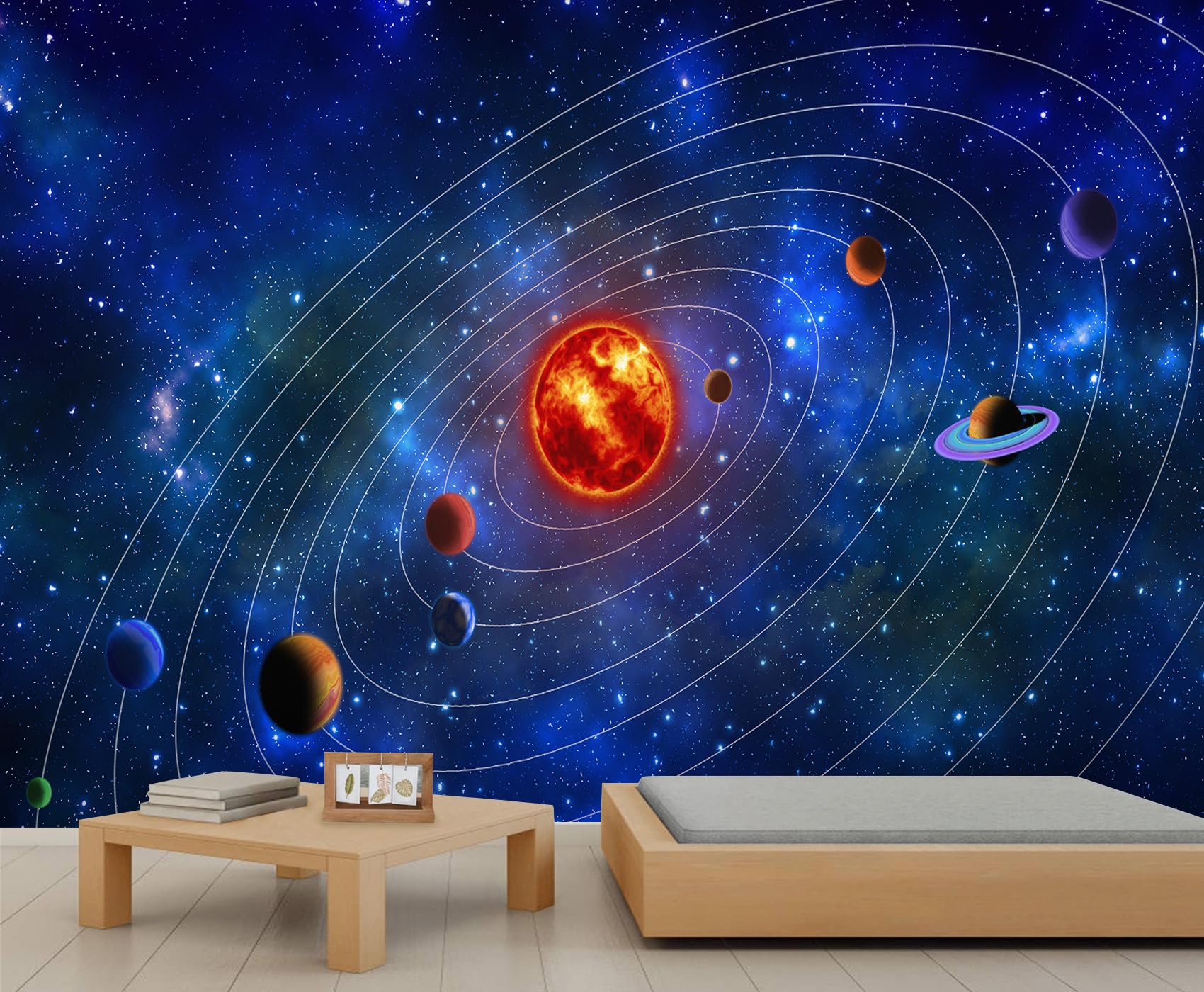 Cosmic Planets Wall Mural Solar System Murals Space Sun Wallpaper Blue Nebula Galaxy Mural Wallpaper Waterproof Wall Decal for Living Room Bedroom Office 300 x 210 cm