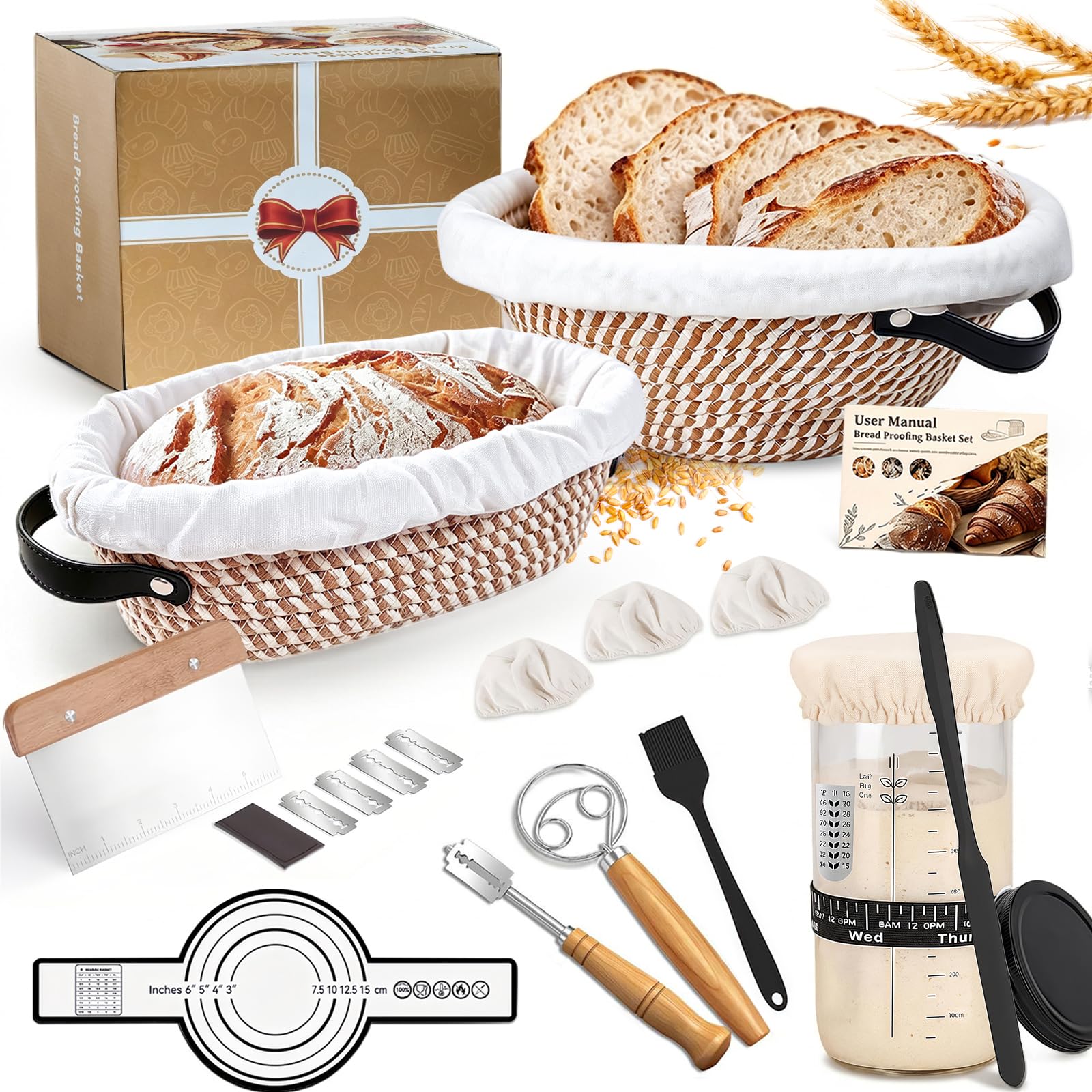 21 Pièces Kit Pain au Levain avec 25cm Ovale et 23cm Rond Corde en Coton Pliable Banneton, Kit Pain avec 650ml Bocal Levain,Sourdough Starter Kit pour Pâtissiers Débutants et Expérimentés