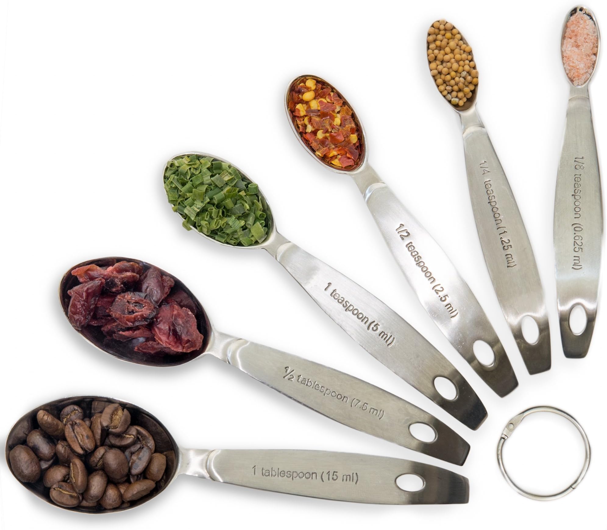 Stainless Steel 6 Piece Stackable Measuring Spoon Set with Convenient Open Style Ring