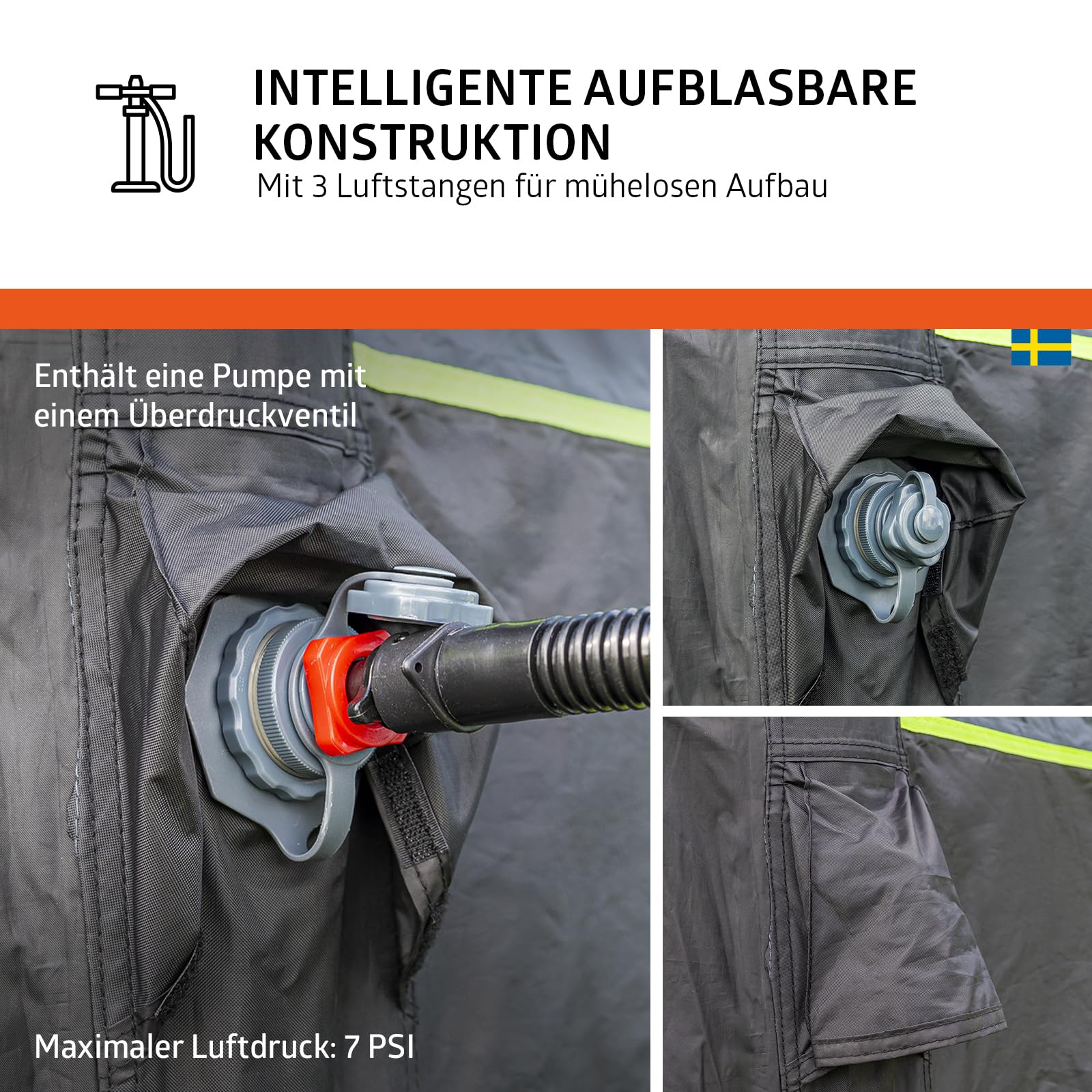 Campout Aufblasbares Tunnelzelt 455 x 270 cm – 4-Personen-Familienzelt mit 2 Schlafbereichen – Inklusive Pumpe und Bodenplane – Schwarz