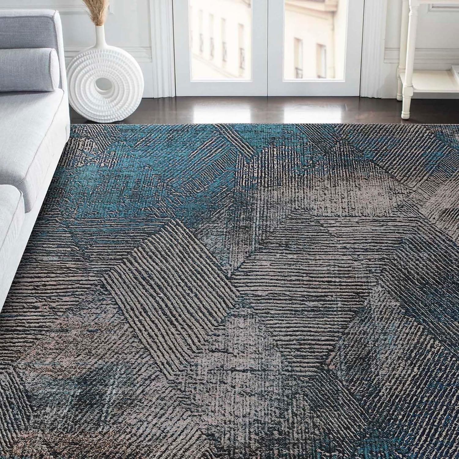 Superior Geometric Modern Indoor Area Rug, Home Floor Decor for Bedroom, Office, Living Room, Dining/Kitchen, Entryway, Cotton Backed, Barnby Collection, 7' 6" x 9' 6", Cerulean Blue