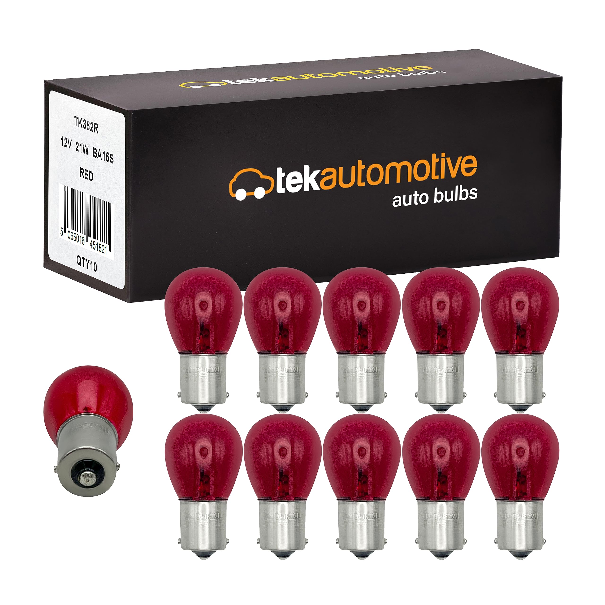 Tek Automotive 382 Red Brake Light Bulbs, Tail Light Bulb, 382R 12V 21W BA15S Car Bulbs - Box of 10