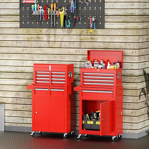 Miniatura 9 de Cofre de Herramientas Rodante de 5 Cajones - Gabinete de Herramientas de Acero Resistente con Caja Superior Desmontable, Ruedas de Bloqueo y Sistema