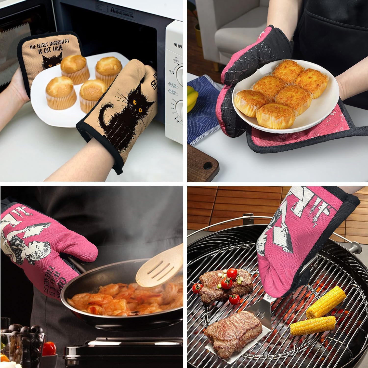 ZHANTUONE The Secret Ingredient is Cat Hair Funny Heat Resistant Oven Mitts and Pot Holders Set with Silicone Non-Slip, Cute Cat Cooking Baking Gadgets, Gifts for Mom Aunt Sister Cat Lover
