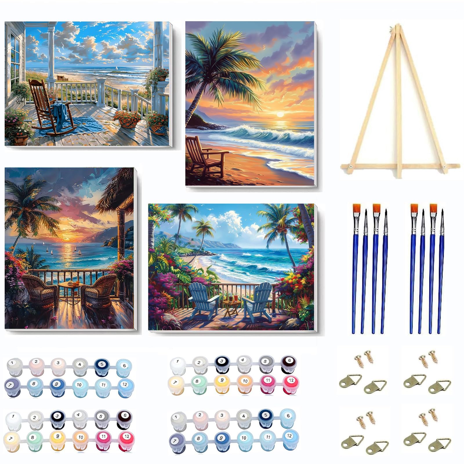VIGEGU 4 Pack Landscape Paint by Numbers Kit for Adults with Framed,Beach Paint by Number with Wooden Easel DIY Box Pack Acrylic Oil Painting,for Wall Decor 9x12inch
