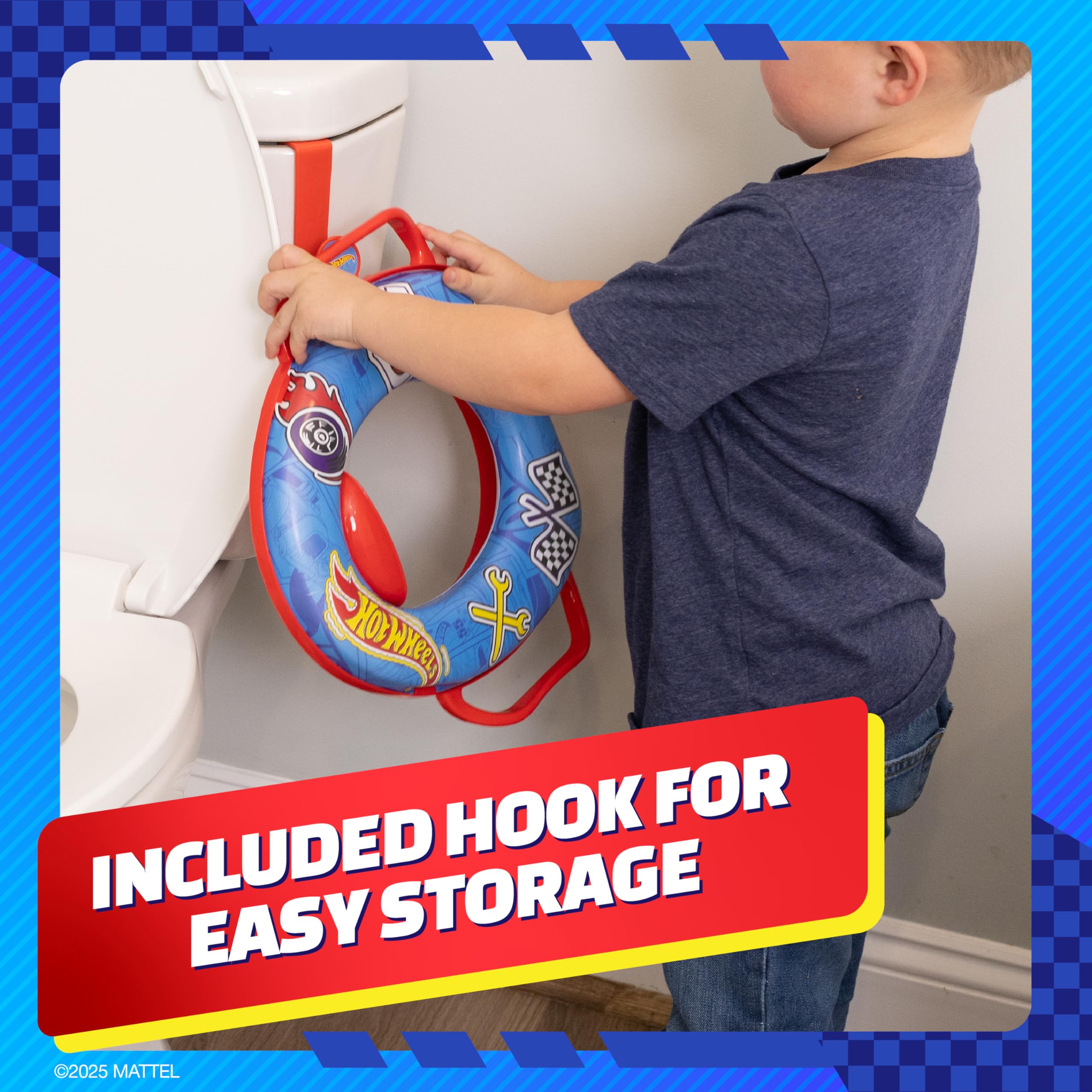 Hot Wheels Siège d'apprentissage de la propreté souple pour toilettes avec crochet de rangement, anneau antidérapant avec protection anti-éclaboussures, poignées intégrées pour tout-petits