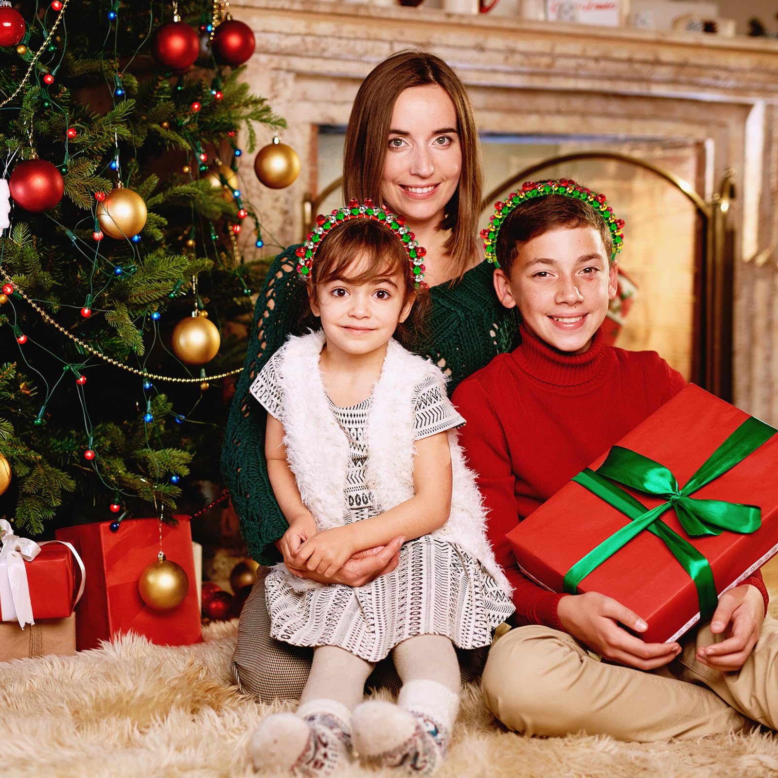 2 copricapo natalizio, con campanelle, Natale, cerchietto natalizio, per bambini, adulti, fascia natalizia, rosso, verde