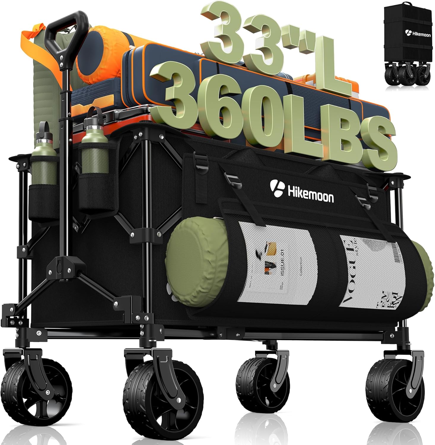 150L Collapsible Wagons Carts Foldable, 360LBS Heavy Duty Folding Beach Cart with Big All-Terrain Wheels, Portable Utility Wagon for Grocery, Shopping, Garden, Sports, Camping, Black