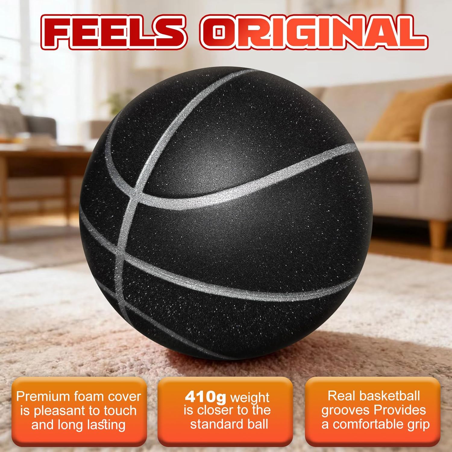 Silent Basketball Size 7 (29.5") – Noiseless Indoor Basketball for Quiet Dribbling and Indoor Training, Pro Grooved Airless PU Foam Basketball – Real Feel Higher Bounce Quieter
