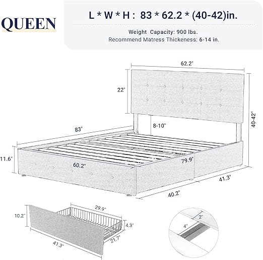 Allewie Upholstered Queen Size Platform Bed Frame with 4 Storage Drawers and Headboard, Square Stitched Button Tufted, Mattress Foundation with Wooden Slats Support, No Box Spring Needed, Light Grey thumbnail 2