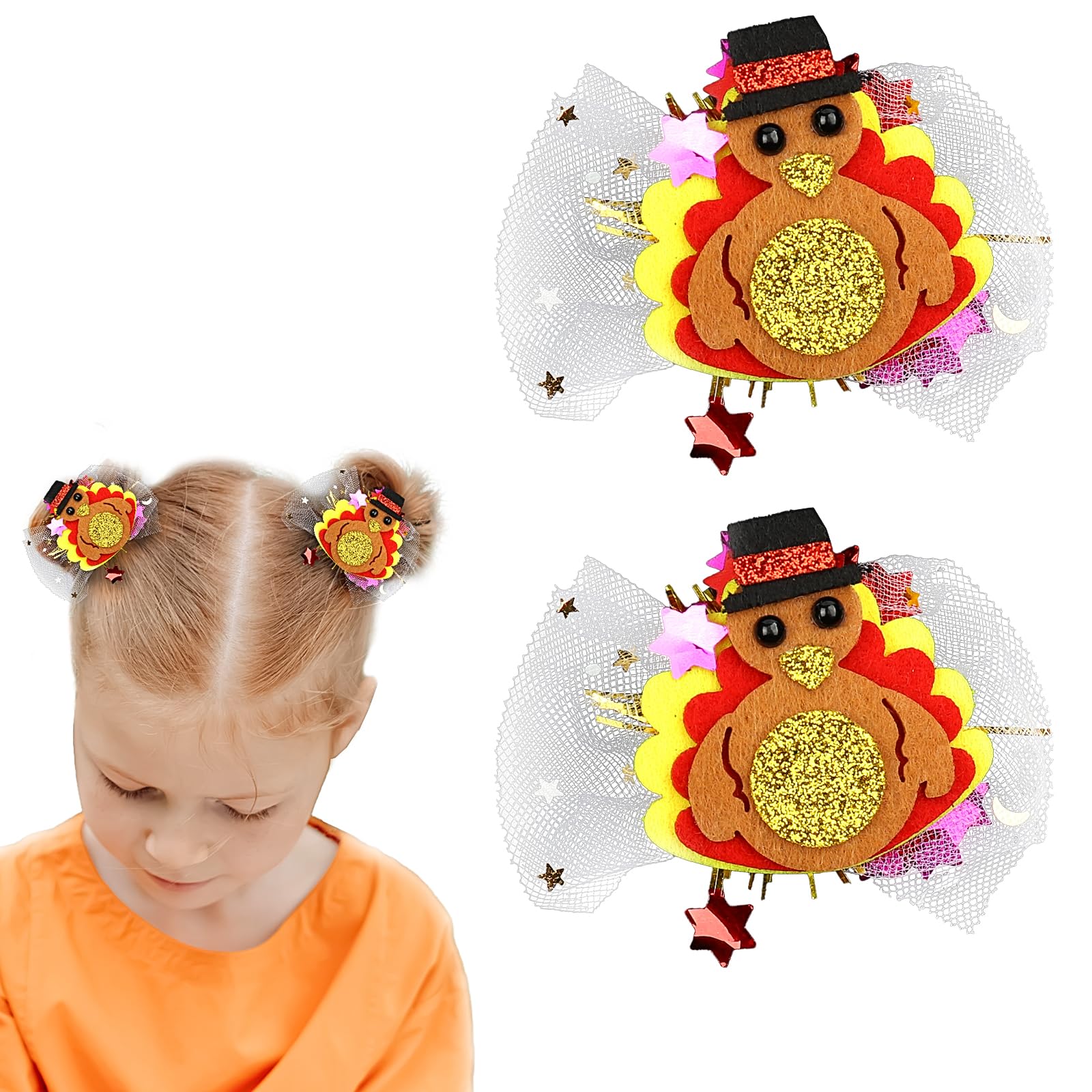 Thanksgiving Hair Bow Clips Cute Turkey Mesh Hair Clips Glitter Turkey Alligator Clips Fall Hair Accessories for Women Girls Thanksgiving Day Autumn Cheer Hairpins Hair Decoration Party Gift 2PCS