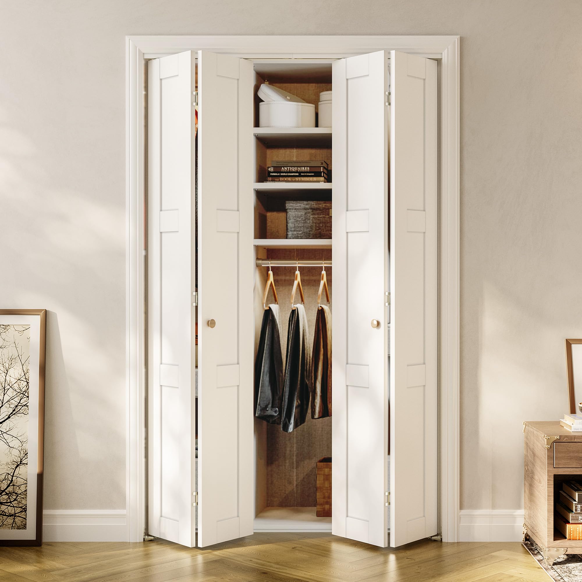 Photo 1 of **missing parts SMARTSTANDARD Bifold Closet Door for 60" x 80" Opening, 4-Panel White Folding Doors with Pre-Drilled Holes & Complete Hardware Kit, Easy Assembly, MDF PVC Surface, White.