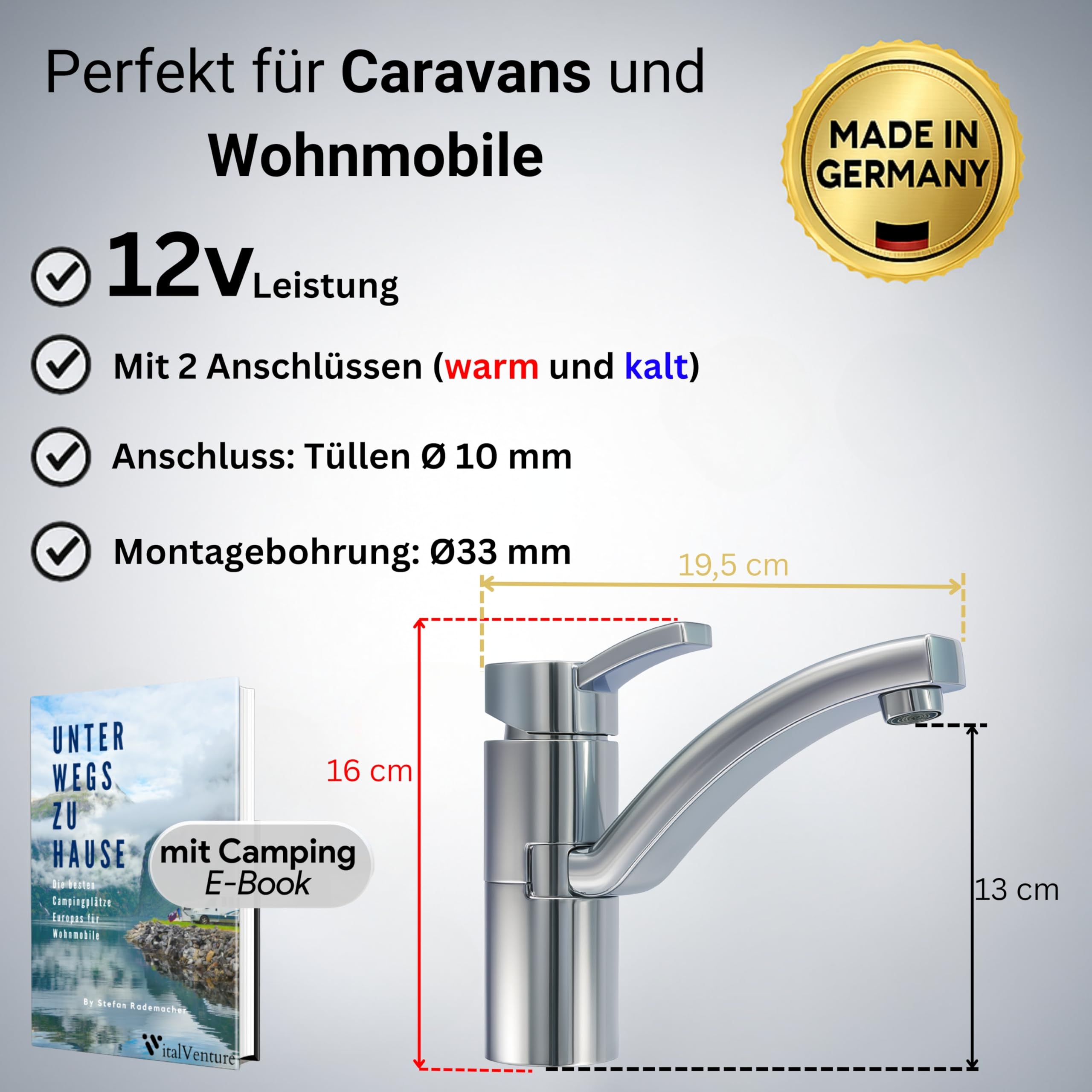 Comet Capri - Miscelatore monocomando per camper, 12 V, cromato, con microinterruttore, girevole a 90°, per roulotte, per campeggio e roulotte, 12 V, rubinetto per camper e barca
