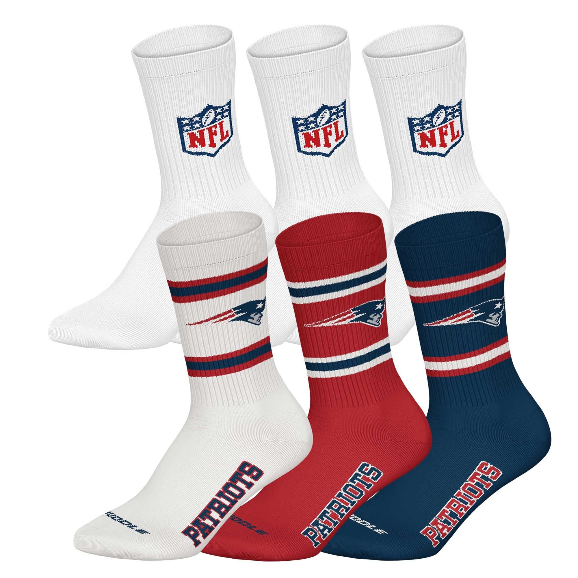NFL Unisex Team Crew Socks, New England Patriots 2, White, 43-46, Pack of 6