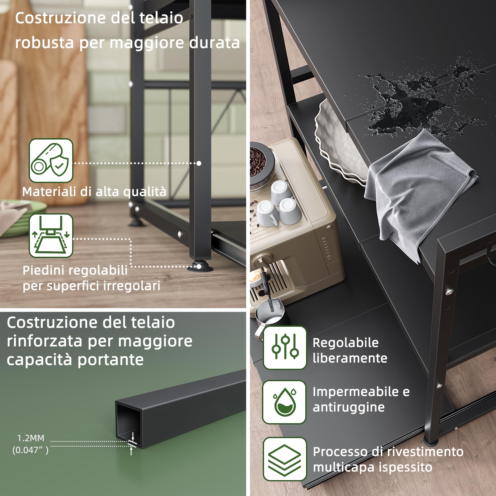 NETEL allungabile mensola microonde a 2 Livelli,ripiano per microonde,scaffale cucina salvaspazio,Organizzatore di Stoccaggio per Cucina con 8 Ganci, Nero