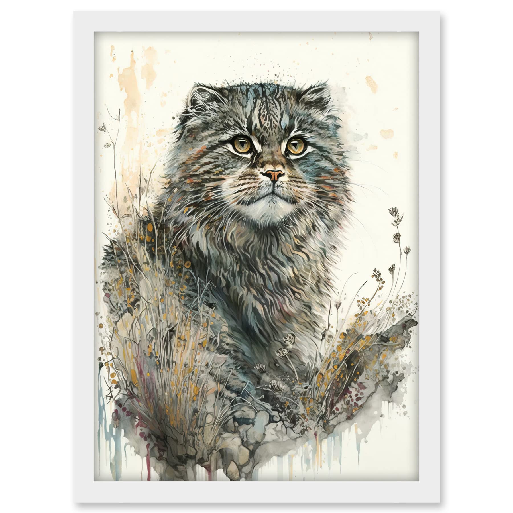 Artery8 Manul Pallas Cat Portrait in Wildflowers Watercolour Illustration Artwork Framed A3 Wall Art Print