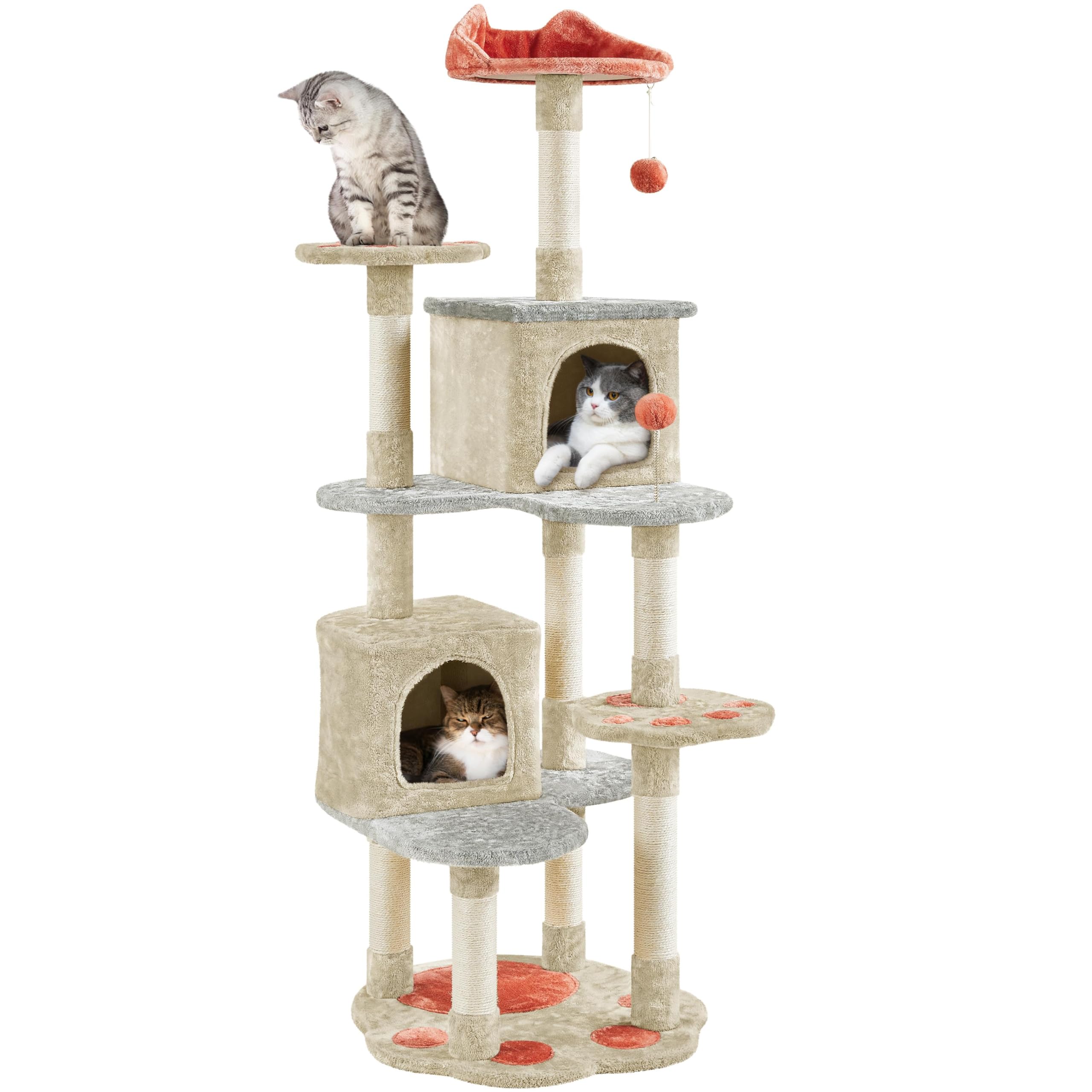 Yaheetech Cat Tree, 165cm Cat Tower for Indoor Cats, Cat Climbing Frame with Cat Paw Perches, Cozy Condos, Heart-Shaped Platform, Spring Ball & Hanging Ball, Scratching Posts