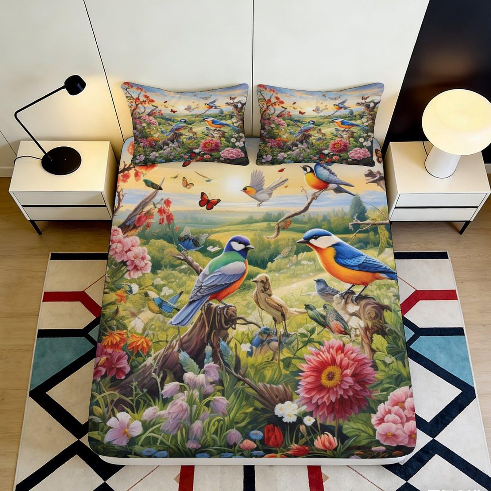 Uynsixtme Style-4 3D Printed Floral Birds Fitted Sheet Microfiber Deep Pocket Non-Slip For Bedroom Bedding Floral Birds Mattress Fitted Cover Washable 90X200x25cm