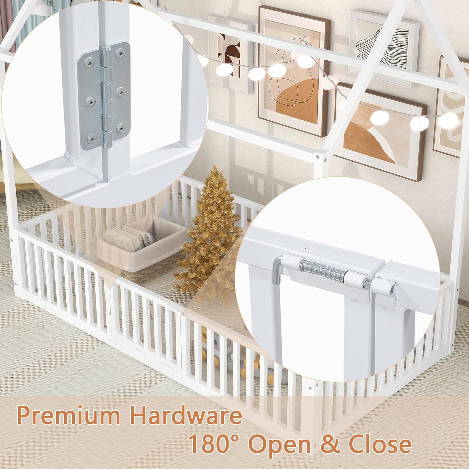 Bellemave Montessori Bed Frame with Door and High Fence, Montessori Floor Bed Twin Size, House Floor Bed/Twin Floor Bed for Kids, Girls, Boys, Twin Size Montessori Bed White