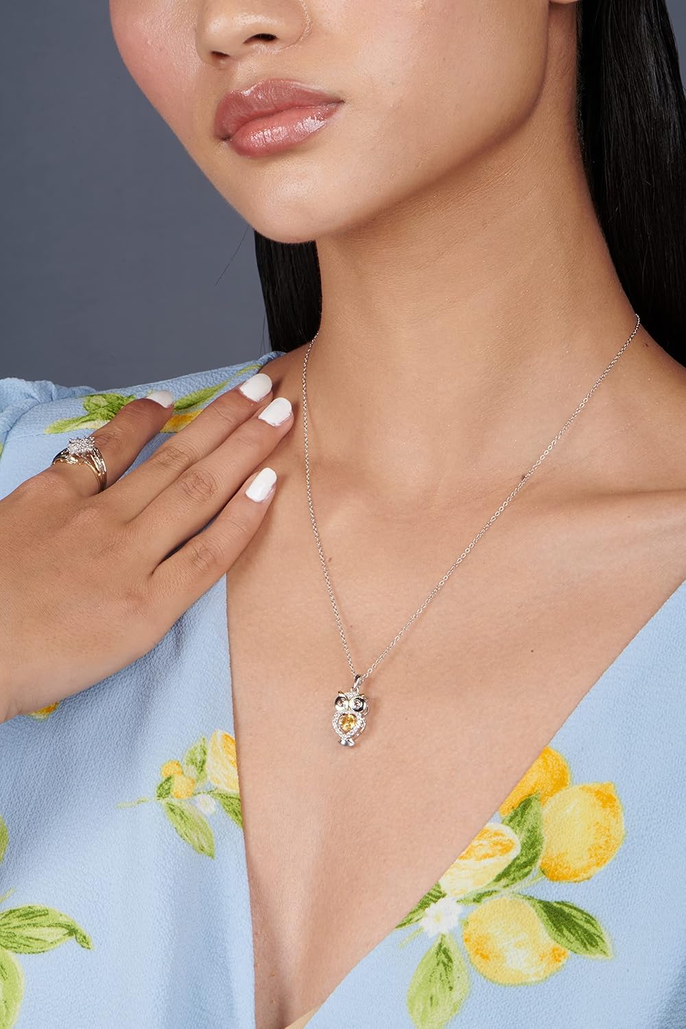 Jewelili 14K Yellow Gold Over Sterling Silver Owl Pendant Necklace, 18' Chain, Women's Classic Pendant, 5MM Round Citrine, 1.5MM Round Smokey Quartz, Created White Sapphire