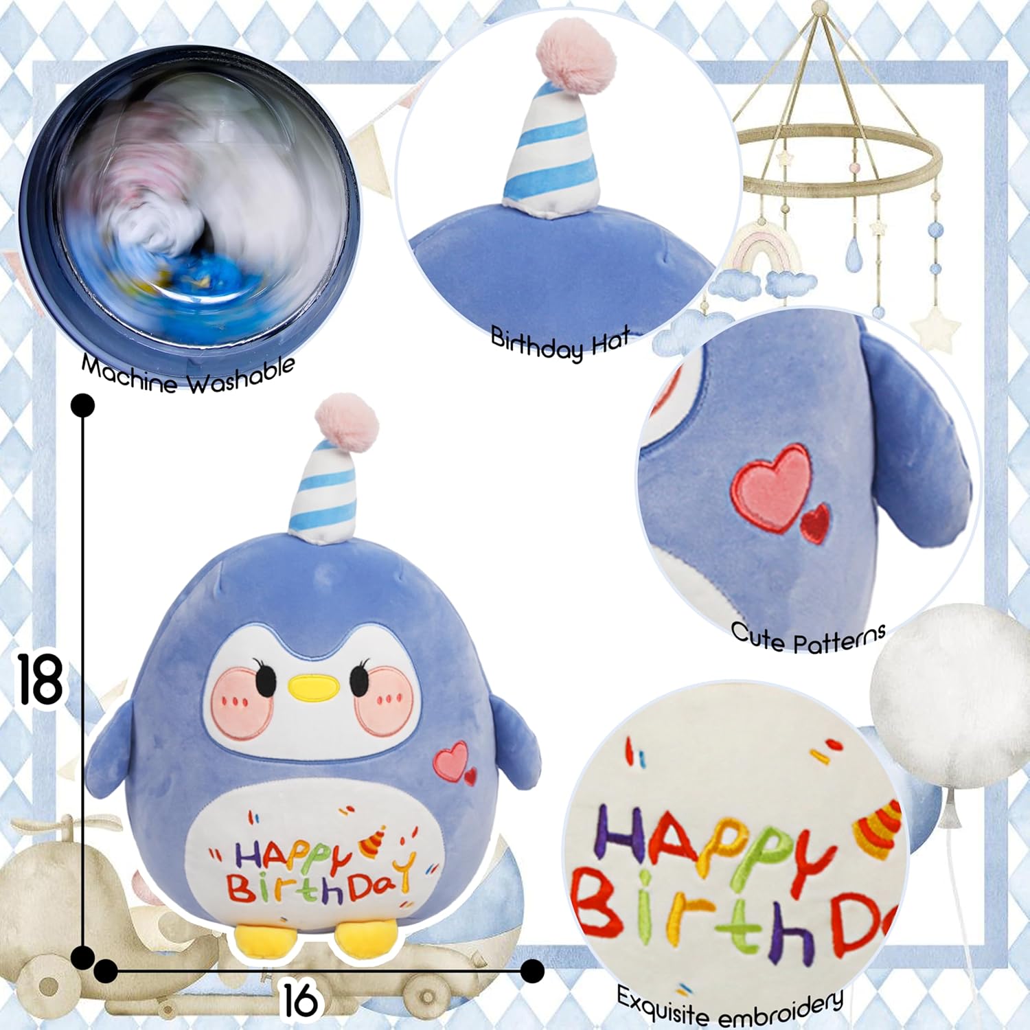 ARELUX Jumbo 18in Cute Penguin Cuddle Plush Soft Stuffed Animal Large Birthday Pillow Kids Huggable Plushie Toy Big Size Happy Birthday Party Decoration Plushies Gift for Friends Boys Girls Blue - Image 4