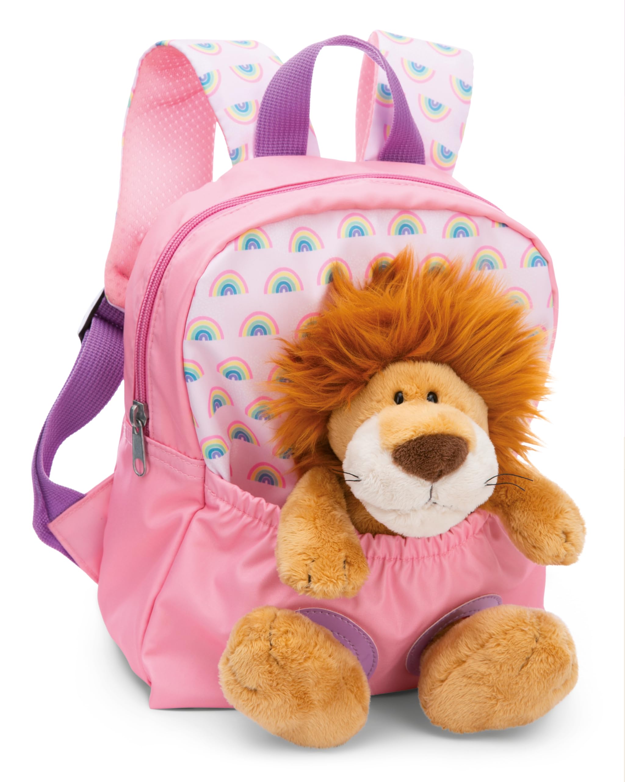 NICI children's backpack pink 2 in 1 with cuddly toy lion 25cm - Kindergarten backpack girls & boys, Soft back area & adjustable straps - 49849