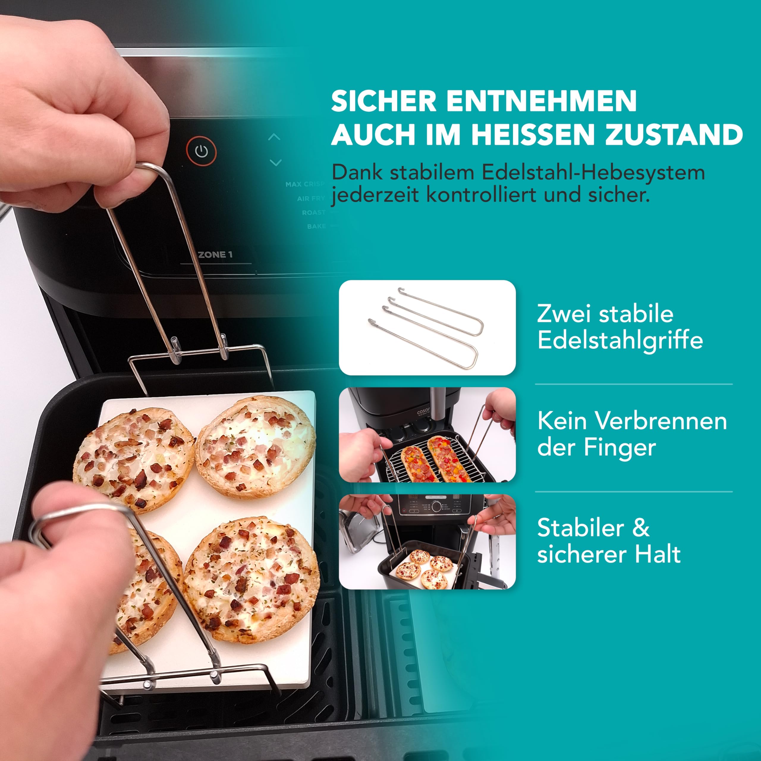 WunderFry - Pizzastein für Airfryer kompatibel mit Ninja, Cosori, Phillips uvm. - Hochwertiger Steinofen-Pizzastein für knusprige Pizza, Baguettes, Brötchen und Toast, inkl. Edelstahlrahmen