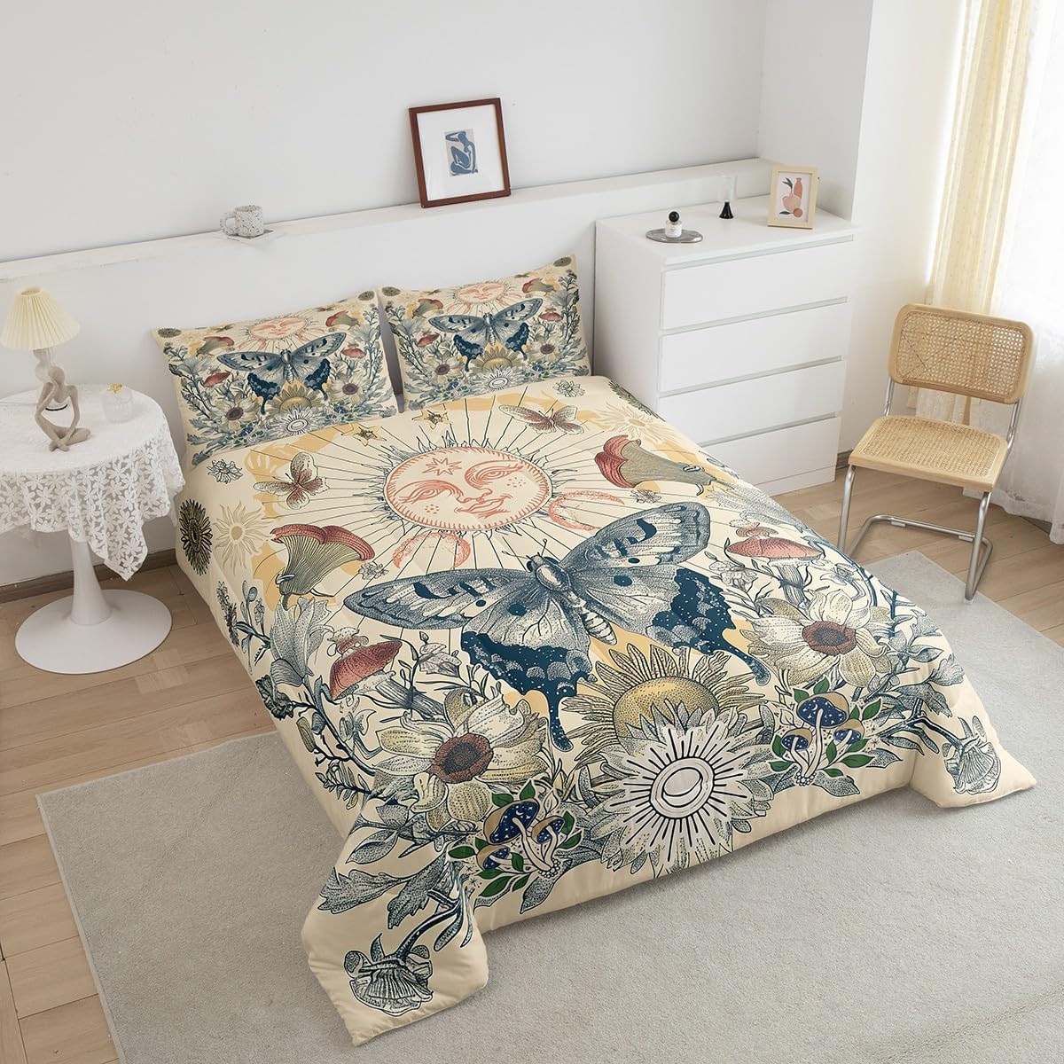 Erosebridal Hippie Butterfly Bedding Sets King Sun and Moon Comforter Set, Groovy Floral Down Comforter Sunflower Mushroom Bed Set, 60s 70s Vintage Flower Quilted Duvet, All Seeing Eyes Decor