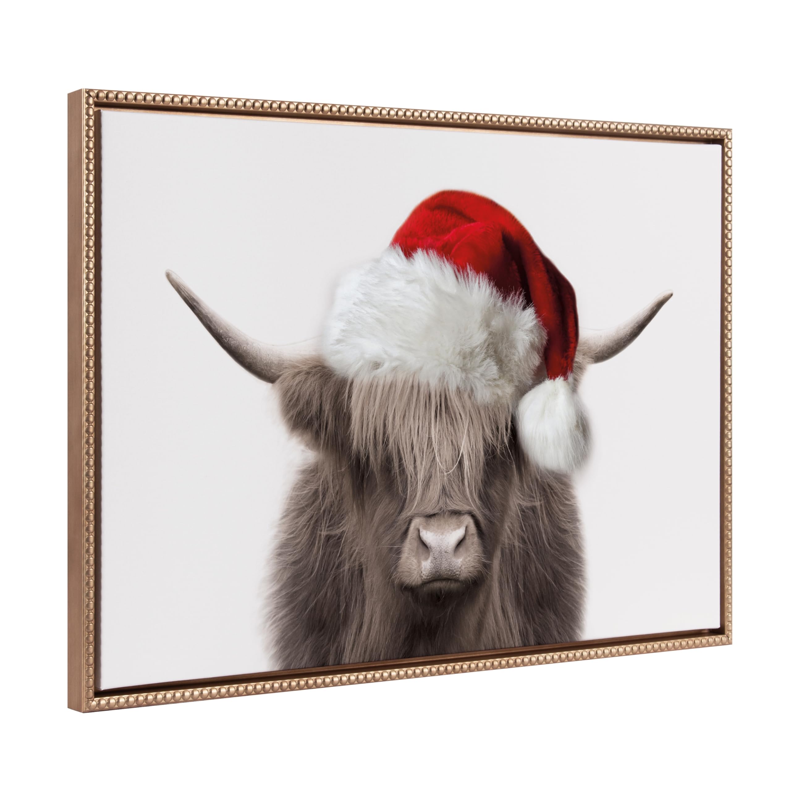Kate and Laurel Sylvie Beaded Hey Dude Highland Cow Color Santa Hat Vintage Framed Canvas Wall Art by The Creative Bunch Studio, 23x33 Gold, Highland Cow Christmas Art for Wall