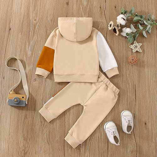 Miniatura 4 de Ursobutegl Ropa para bebé niño pequeño, sudadera con capucha y bloques de color, 2 piezas, sudadera para otoño e invierno (bloque caqui, 2-3 años),